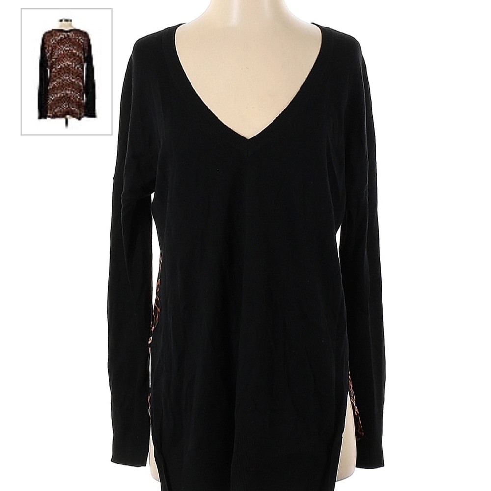 Derek Lam Cashmere Blend Sweater Sz M Designer Black Top High Low Leopard Print